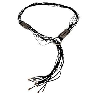 Womens Boho Multi Strand Cord Wrap Belt Black Silver Tone O-Ring Fringe Sash